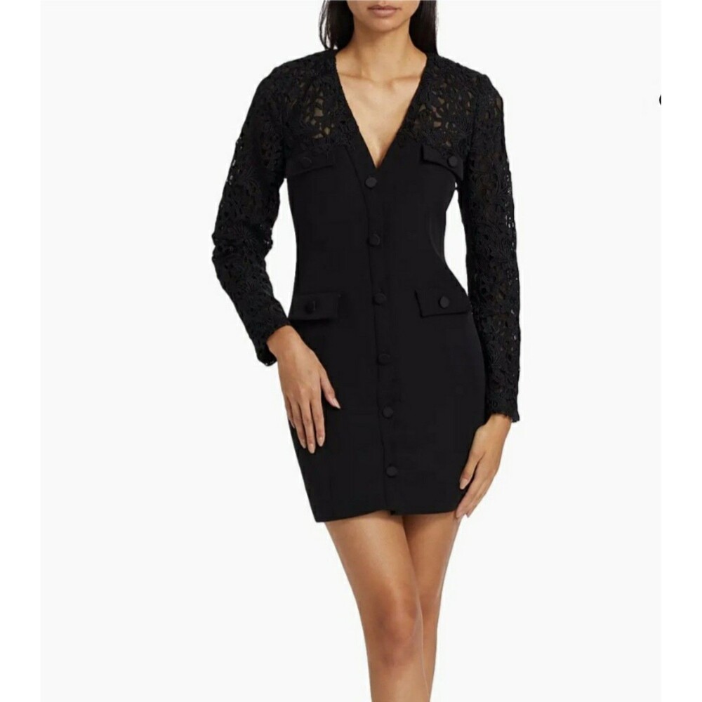 NWT Generation Love Navina lace-trim crepe black minidress w long lace sleeves S